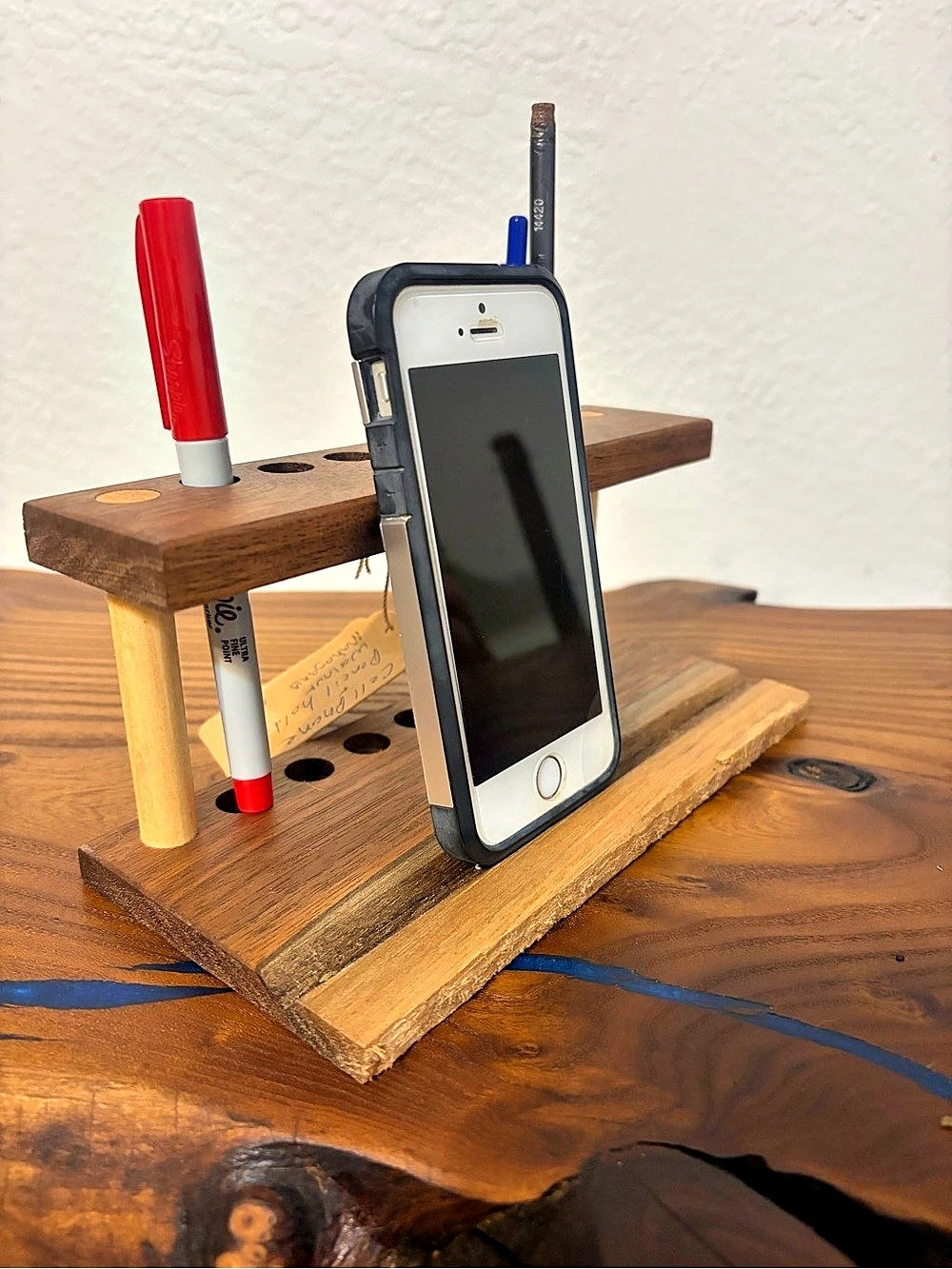 Handcrafted Wooden Desk Organizer with Phone Holder